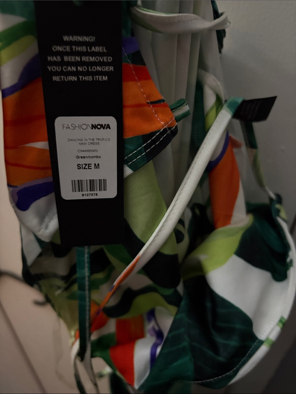 Fashion Nova Green & White Tropical Print Dress with Orange Detail - Picture 4 of 5